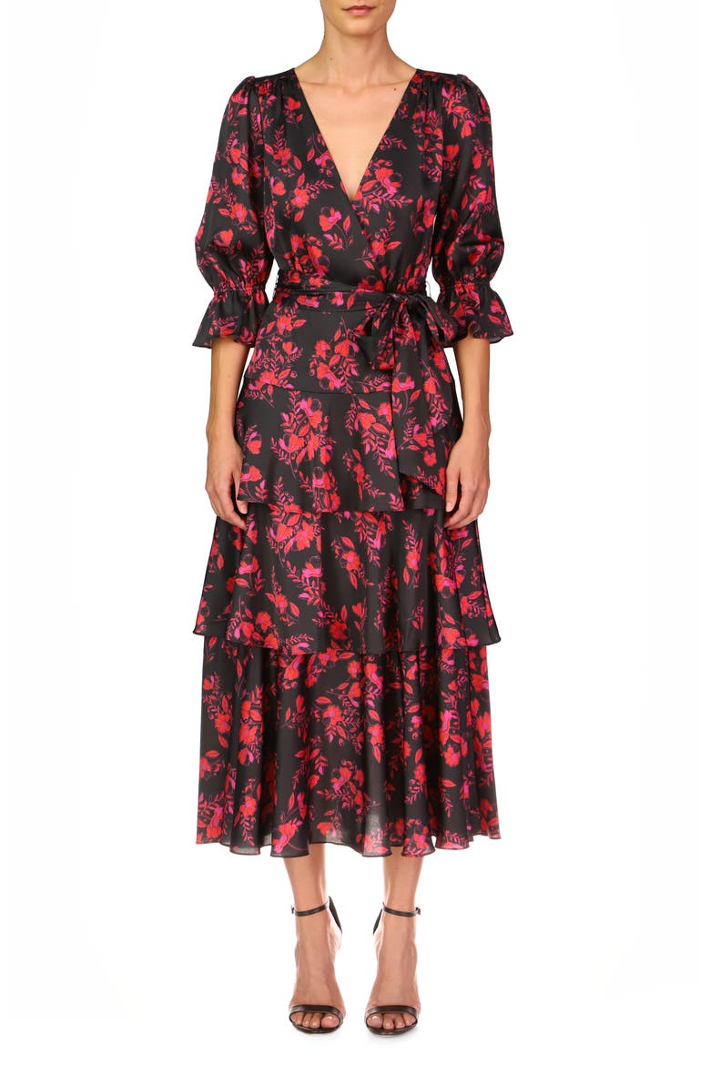 Floral Tiered Faux Wrap Dress, Main, color, JET POPPIES