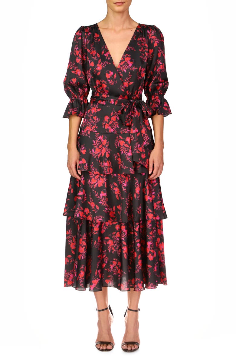 ML Monique Lhuillier Floral Tiered Faux Wrap Dress, Main, color, 