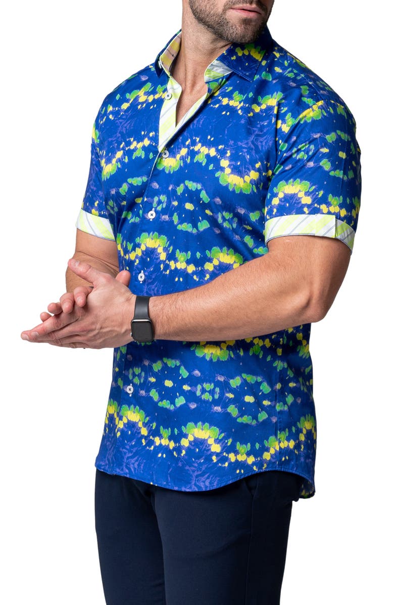 Maceoo Galileo Dyegreen Blue Short Sleeve Cotton Button-Up Shirt, Alternate, color, Blue