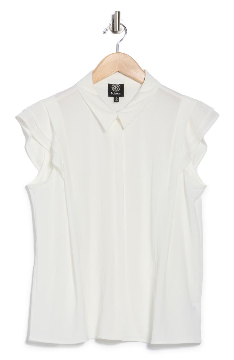 Bobeau Cap Sleeve Piqué Button-Up Top, Alternate, color, White