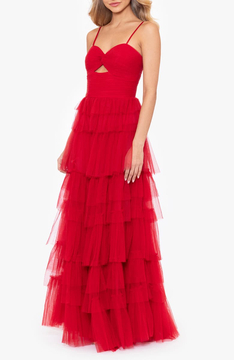 Blondie Nites Tiered Ruffle Tulle Gown, Alternate, color, Red