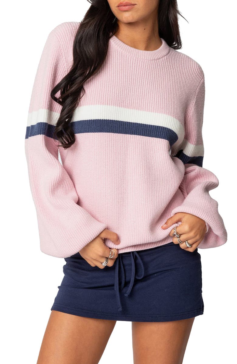 EDIKTED Nautical Stripe Oversize Sweater, Main, color, Pink