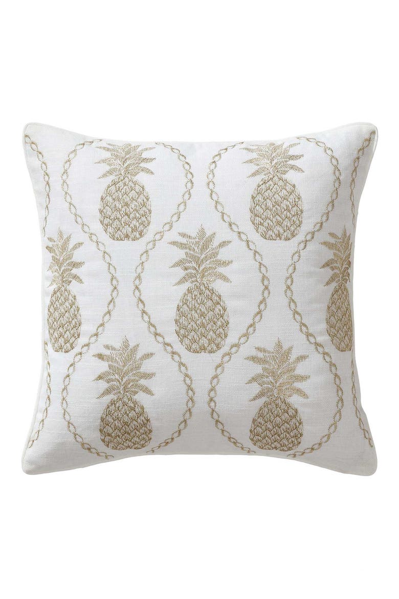 Golden Pineapple Embroidered Square Accent Pillow, Main, color, WHITE/ GOLD