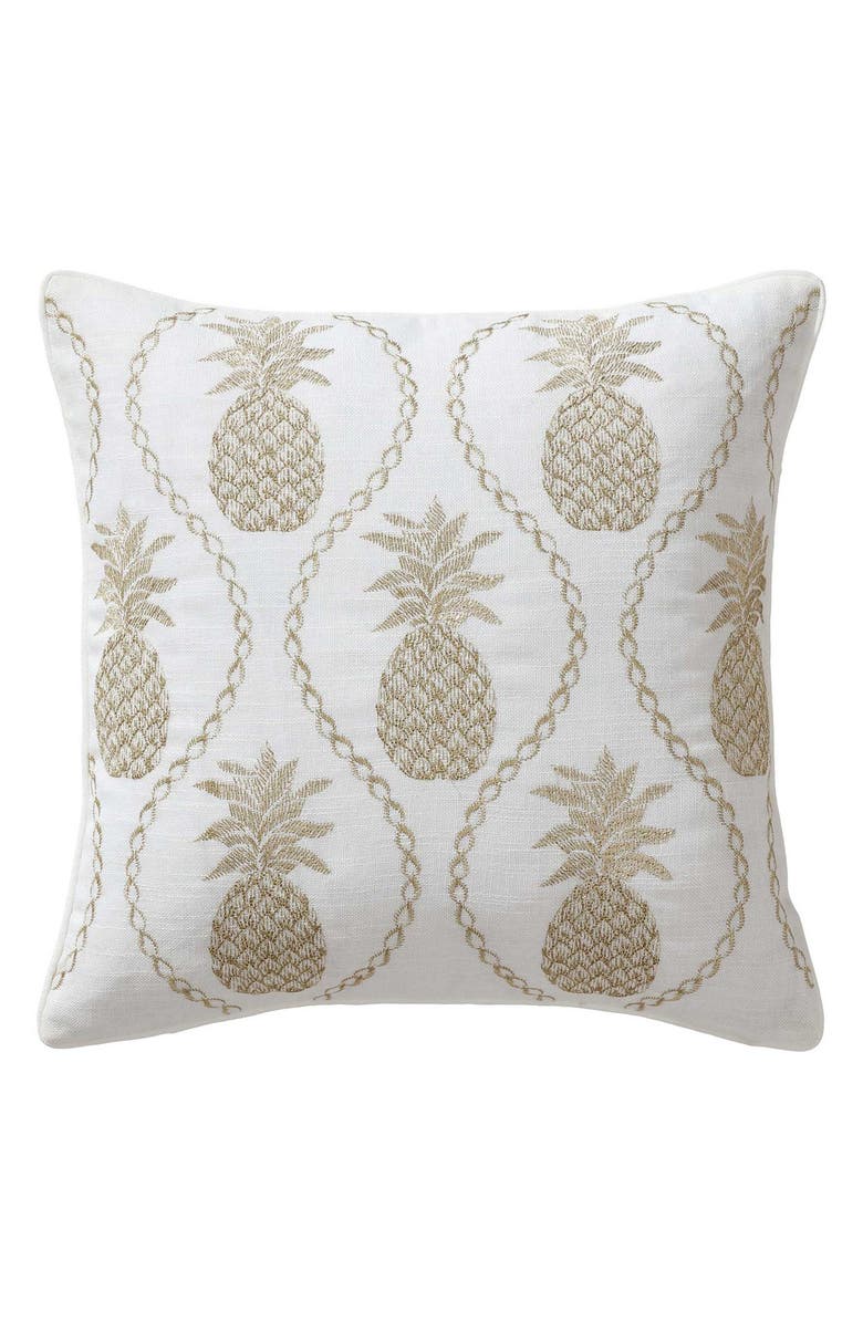 Tommy Bahama Golden Pineapple Embroidered Square Accent Pillow, Main, color, White/ Gold