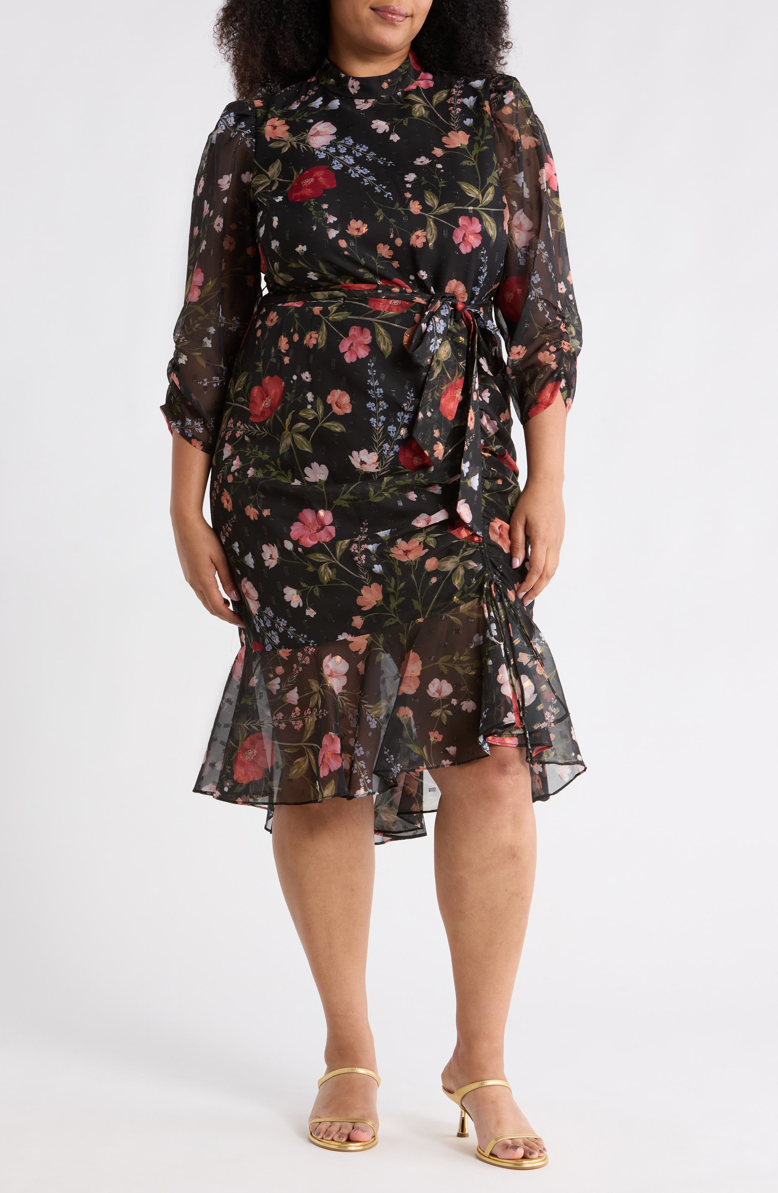 Eliza J Floral Ruched Sleeve Dress