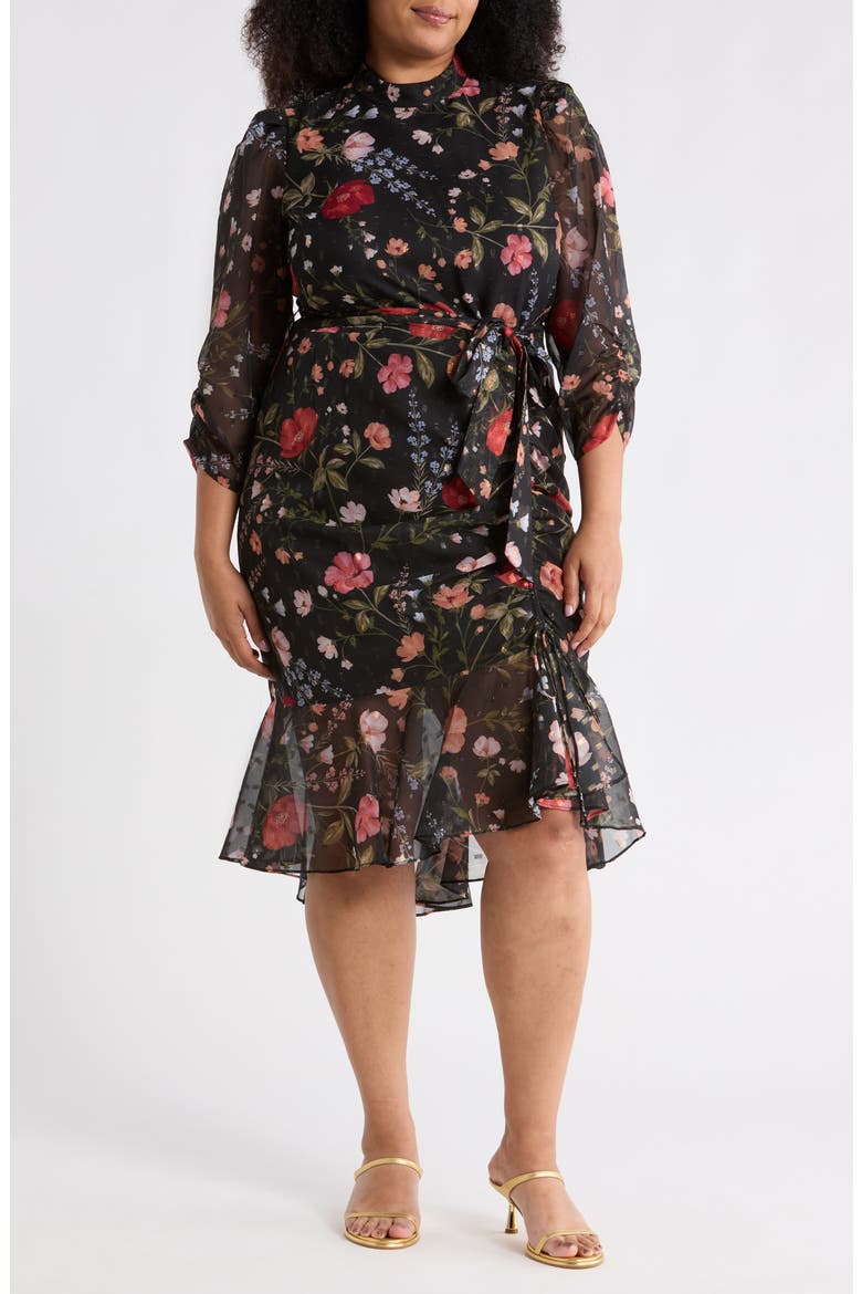 Floral Ruched Sleeve Dress, Main, color, BLACK