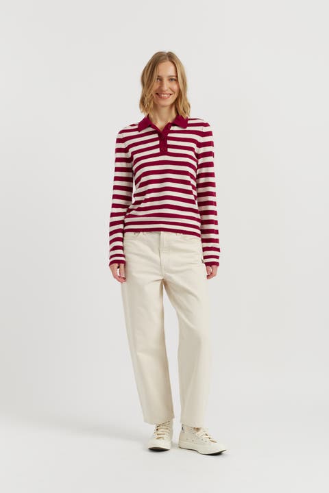 Wool-Cashmere Stripe Collared Sweater