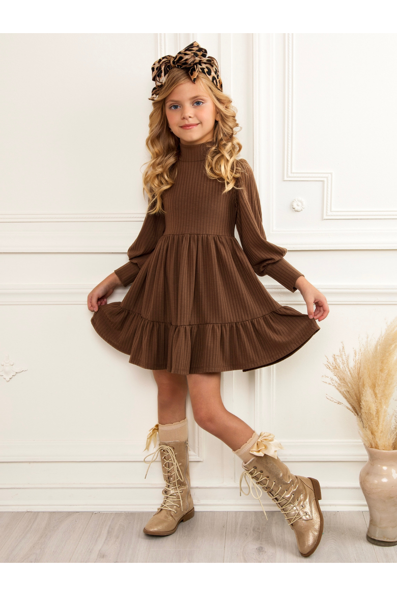Ribbed Long Sleeve Ruffle Dress, Alternate, color, Brown