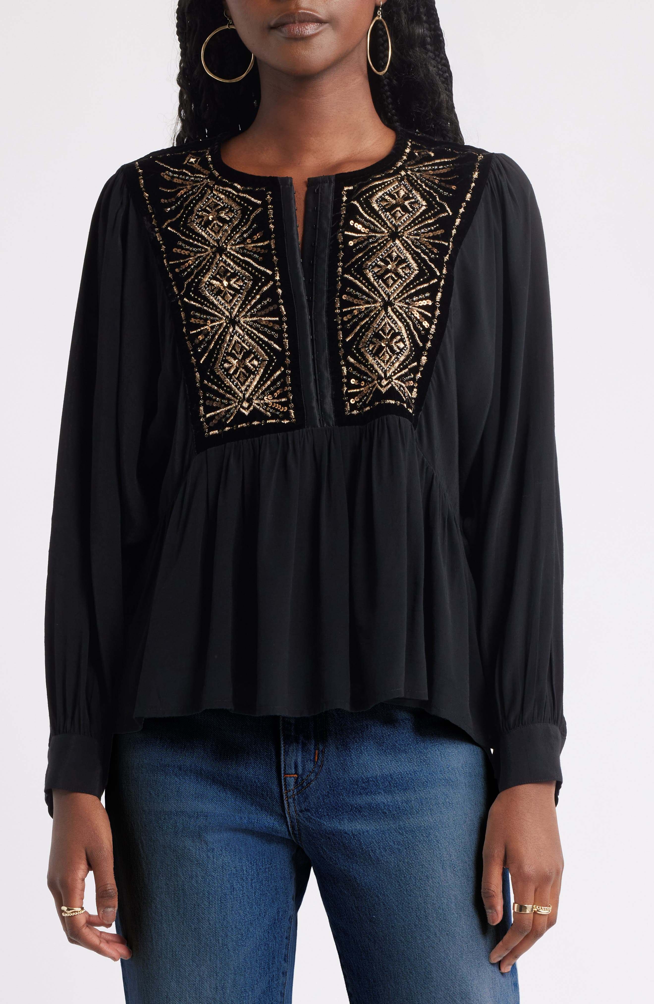 Treasure & Bond Metallic Embroidered Split Neck Top