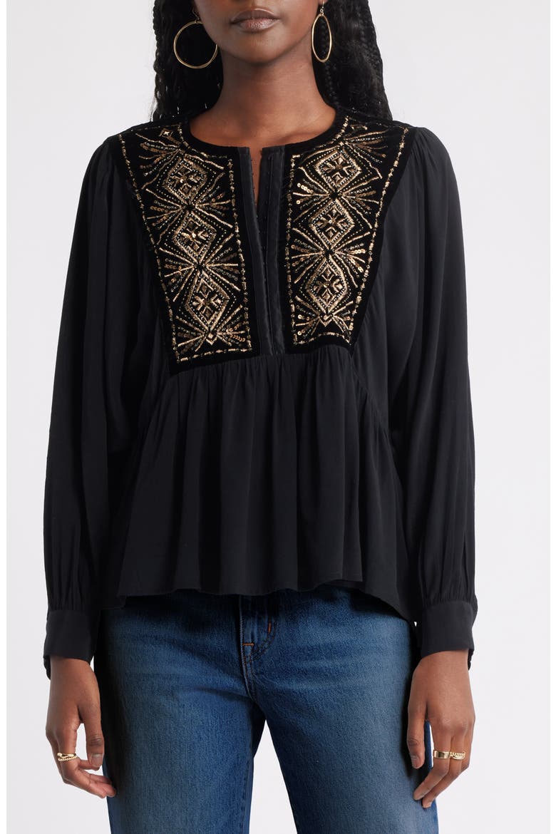 Metallic Embroidered Split Neck Top, Main, color, BLACK