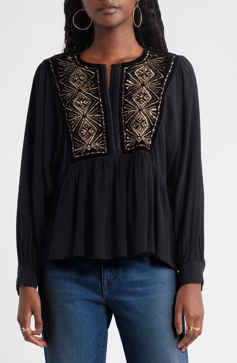 Treasure & Bond Metallic Embroidered Split Neck Top, Main, color, Black
