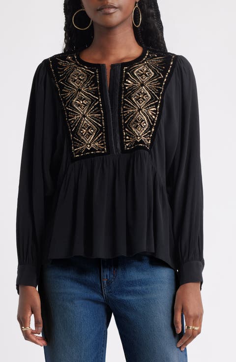 Metallic Embroidered Split Neck Top
