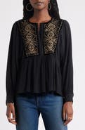 Treasure & Bond Metallic Embroidered Split Neck Top