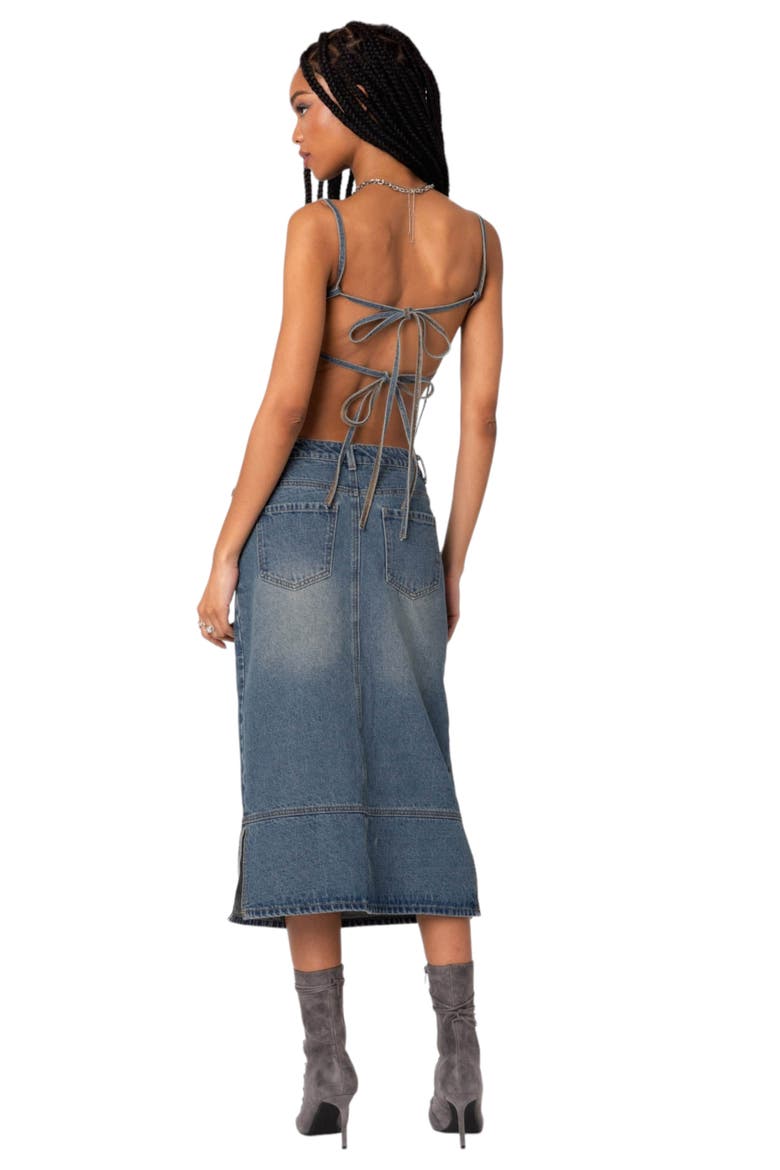 Lassy Tie Back Denim Bralette, Alternate, color, BLUE-WASHED