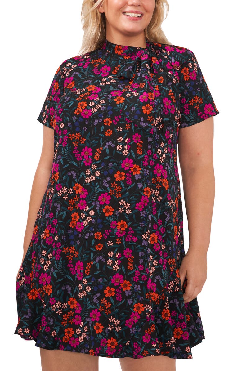 CeCe Floral Tie Neck A-Line Dress, Alternate, color, Rich Black