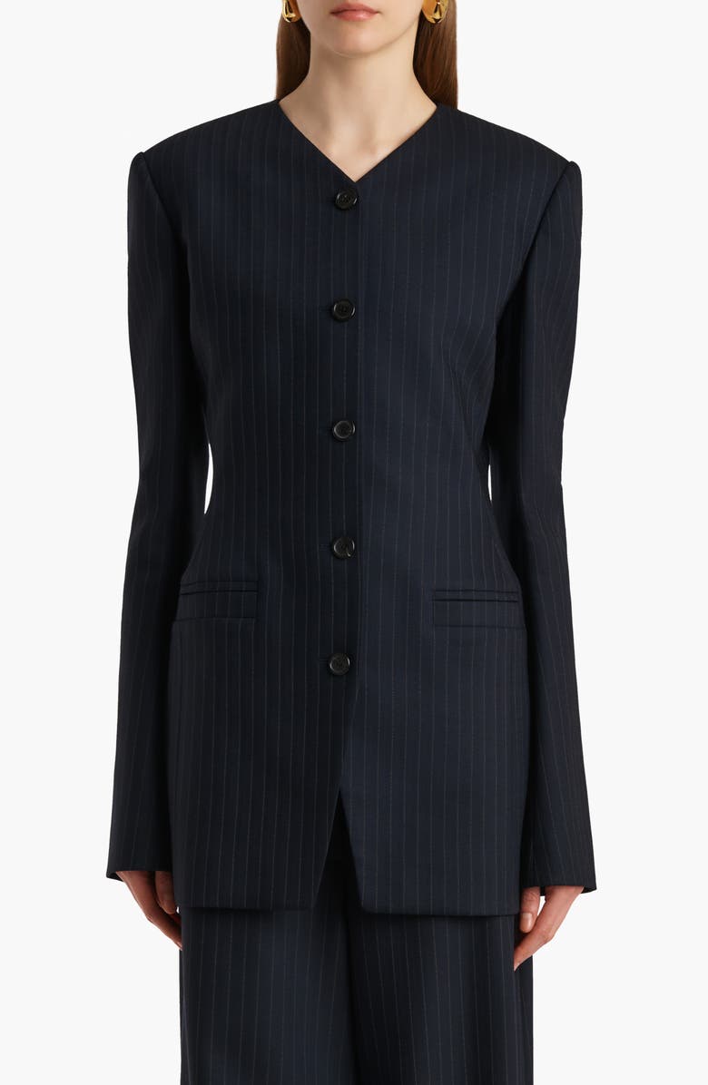 Khaite Naran Pinstripe Single Breasted Stretch Virgin Wool & Cotton Blazer, Main, color, Navy / White