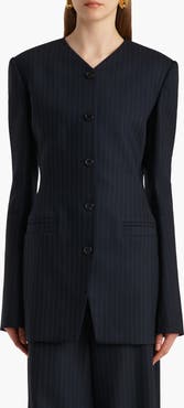 Khaite Naran Pinstripe Single Breasted Stretch Virgin Wool & Cotton Blazer