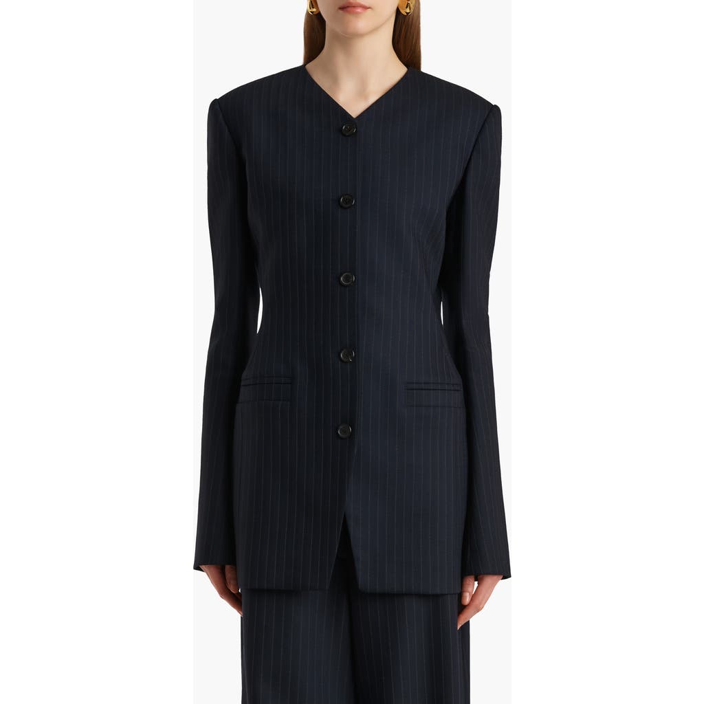 Khaite Naran Pinstripe Single Breasted Stretch Virgin Wool & Cotton Blazer In Blue