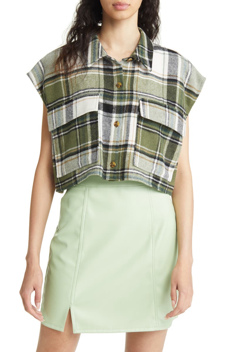 Noisy may Flanny Sleeveless Crop Flannel Shirt, Alternate, color, 