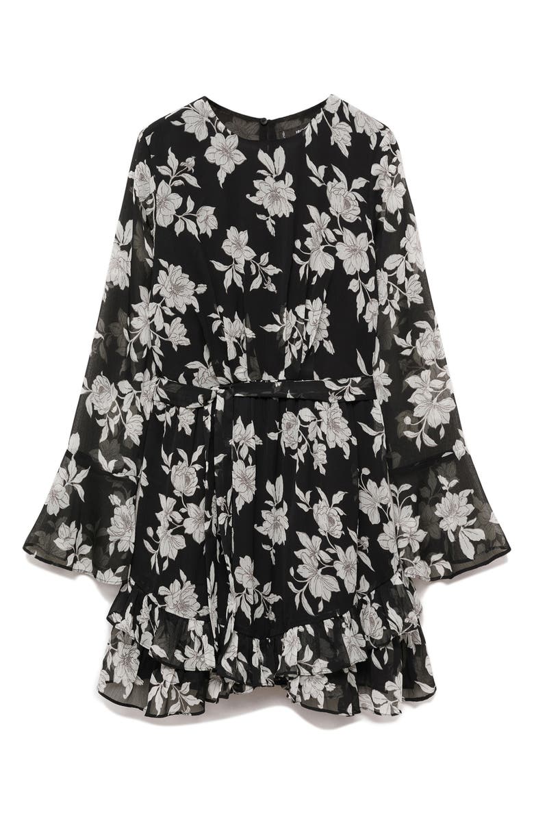 MANGO Floral Ruffle Long Sleeve Tie Belt Dress, Alternate, color, Black