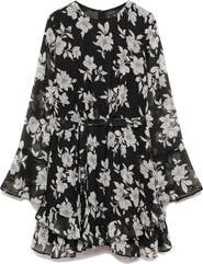 MANGO Floral Ruffle Long Sleeve Tie Belt Dress