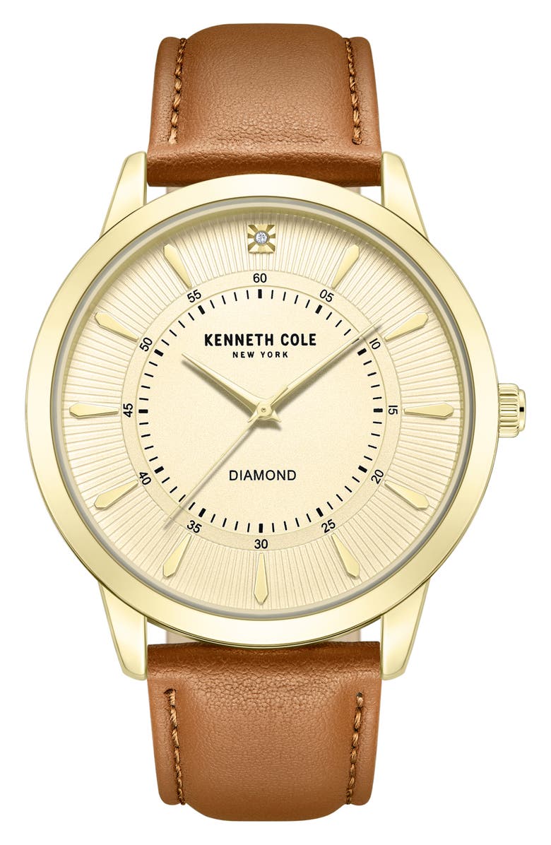 Kenneth Cole New York Genuine Diamond Leather Strap Watch, 44mm - 0.005ct., Main, color, Brown