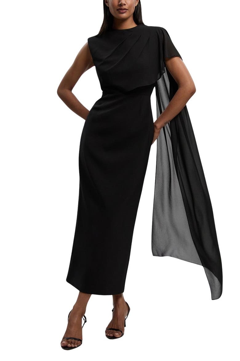 Tailored Cape Drape Maxi Dress, Alternate, color, Black