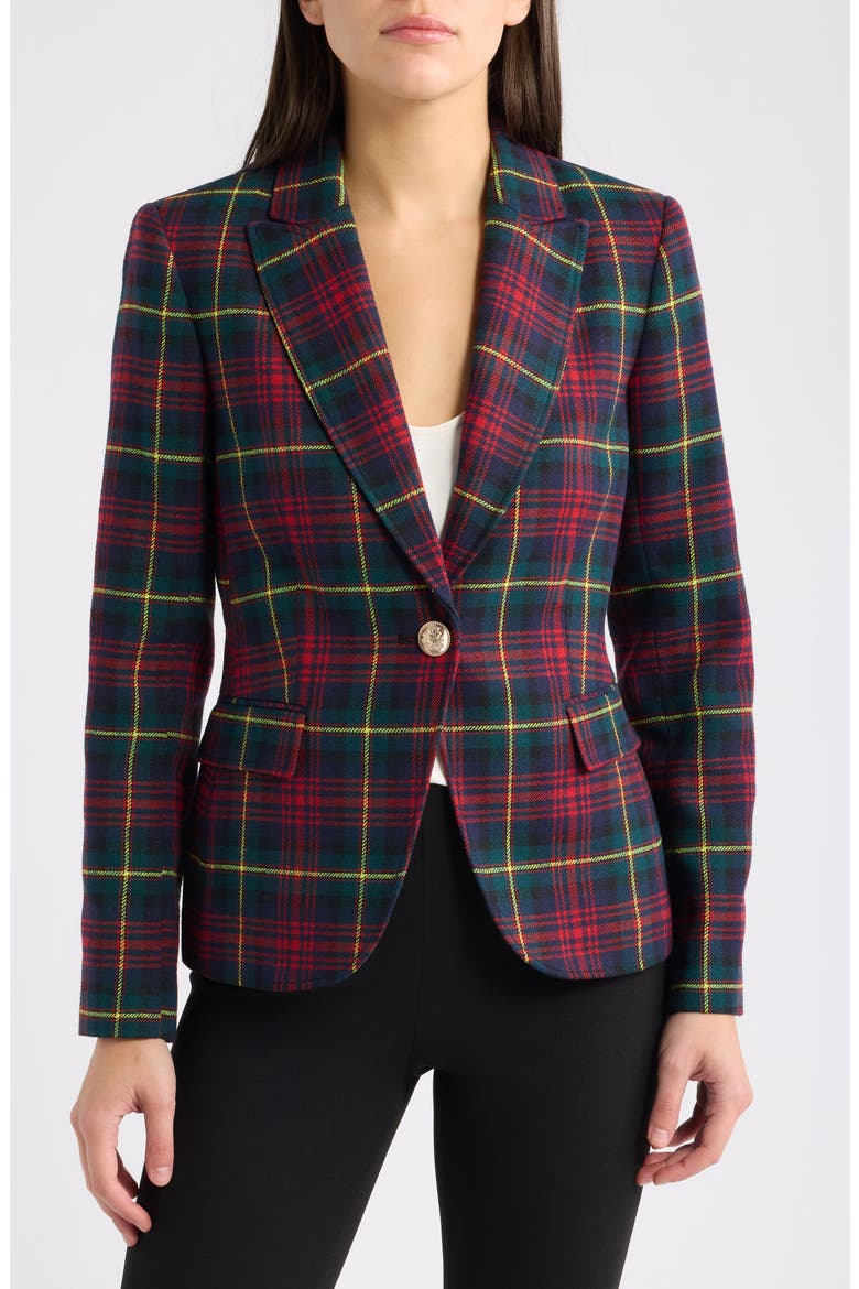 One Button Stretch Plaid Blazer, Alternate, color, BLACK PINE