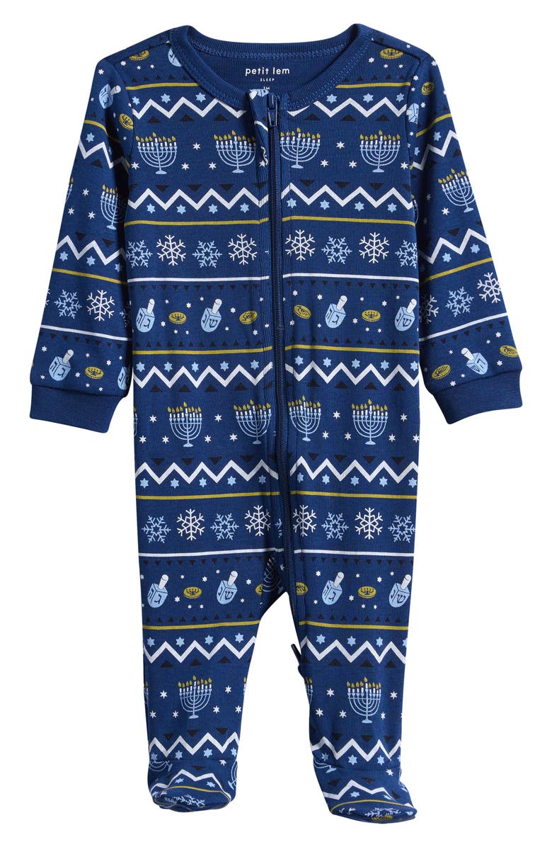 Petit Lem Hanukkah Fair Isle Organic Cotton Fitted Footie Pajamas, Main, color, Navy