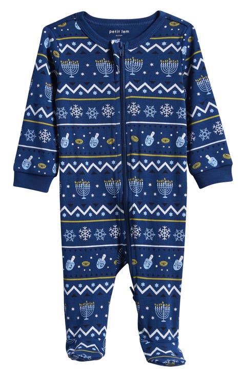 Hanukkah Fair Isle Organic Cotton Fitted Footie Pajamas (Baby)