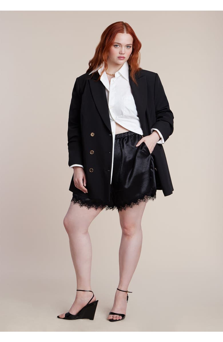 ELOQUII Satin Lace Trim Short, Main, color, Black Onyx