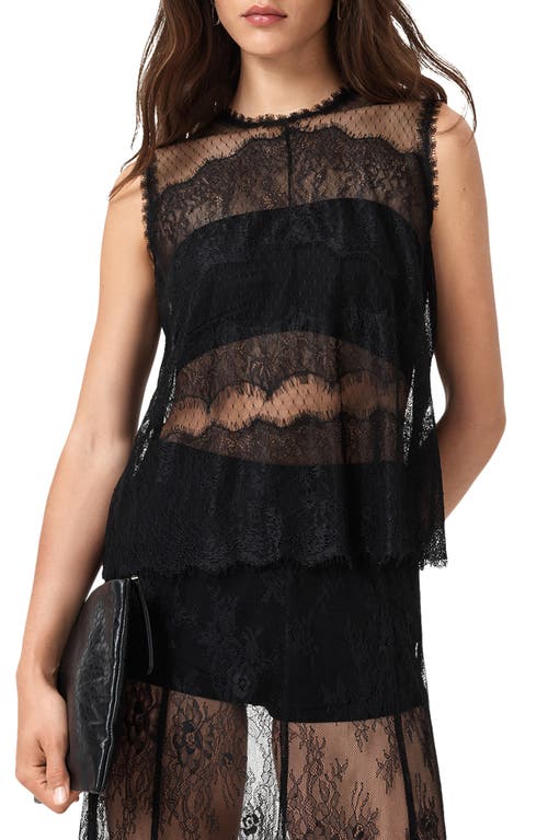 Allsaints Womens Black Clara Lace-embroidered Scalloped-hem Woven Top In Black