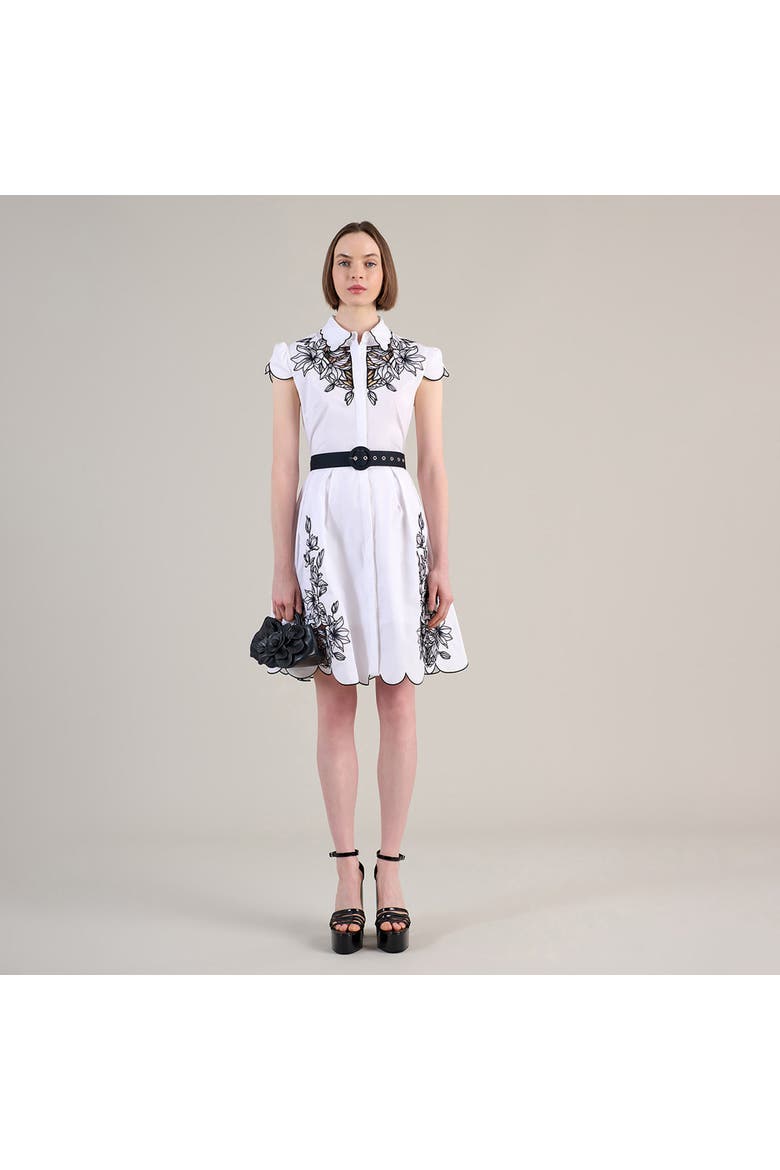 Women's Dress  Adelina White Poplin Shirt Dress With Black Embroidery Detailing, Scalloped Hem, Pockets & Removable Belt, Alternate, color, Black/White