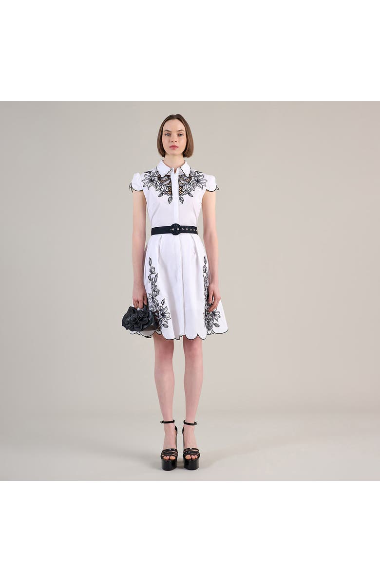 Anne Fontaine Women's Dress Adelina White Poplin Shirt Dress With Black Embroidery Detailing, Scalloped Hem, Pockets & Removable Belt, Alternate, color, Black/White