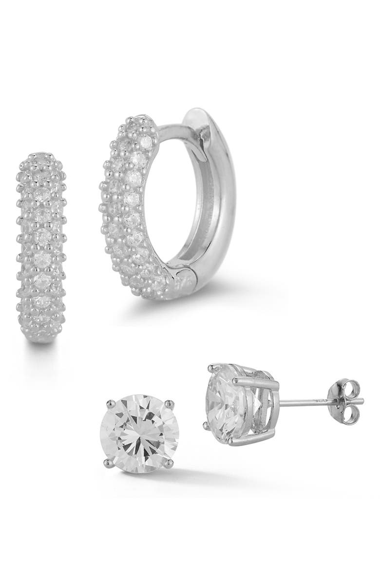 GLAZE JEWELRY Set of 2 Cubic Zirconia Studs & Pavé Huggie Hoops, Main, color, 