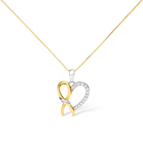 10K Yellow Gold Plated Silver 1/5 Cttw Diamond Ribbon Heart Pendant Necklace