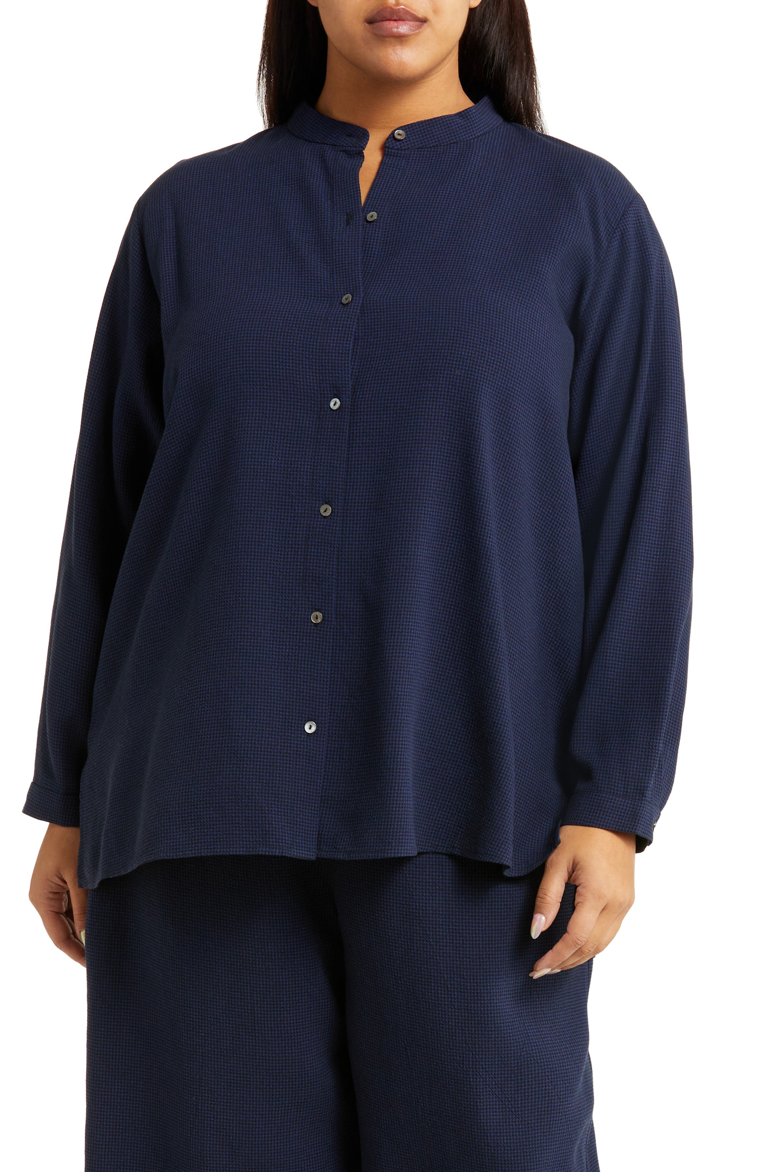 Eileen Fisher Band Collar Easy Crepe Button-Up Shirt (Women) | Nordstrom
