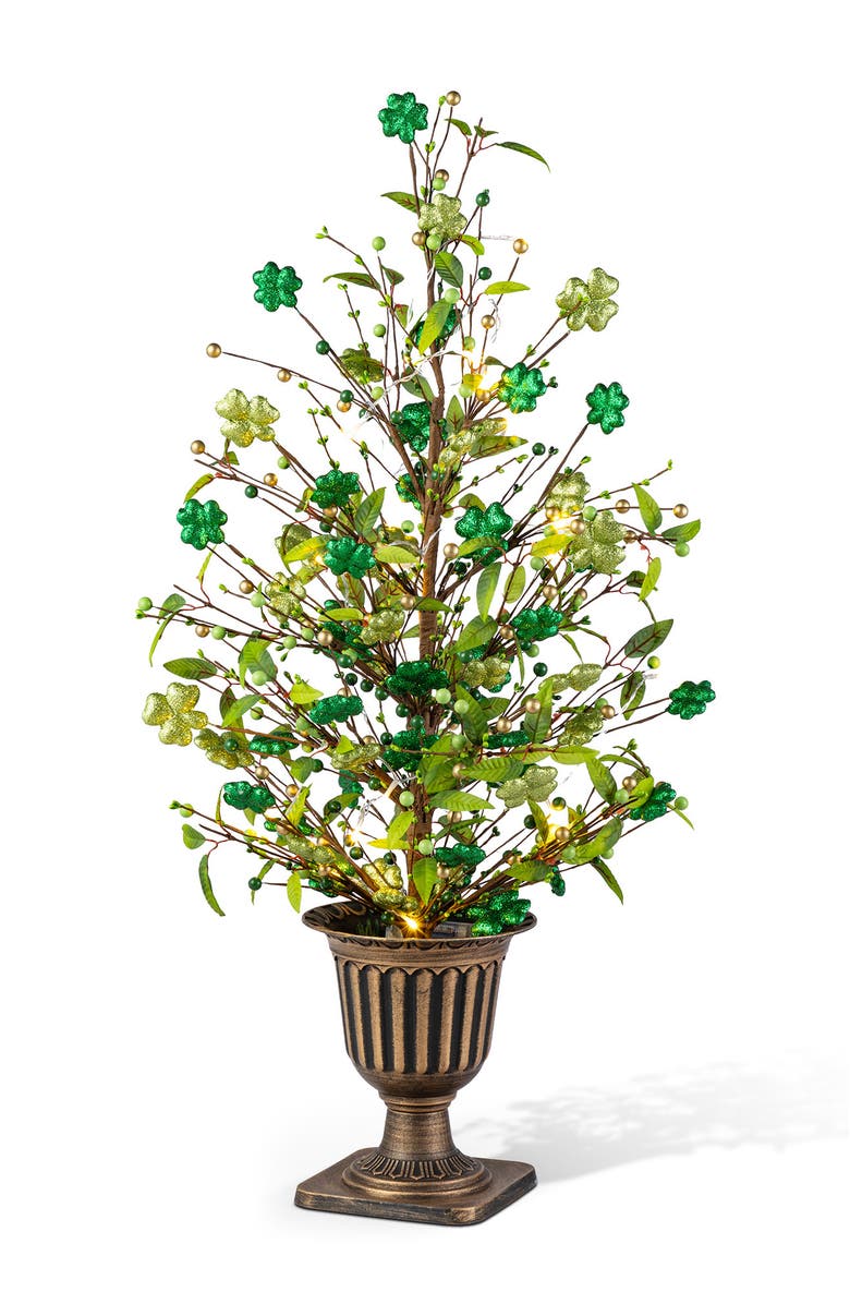 Glitzhome 3FT Lighted St. Patrick's Shamrock Urn Porch Tree with Timer, Main, color, Green