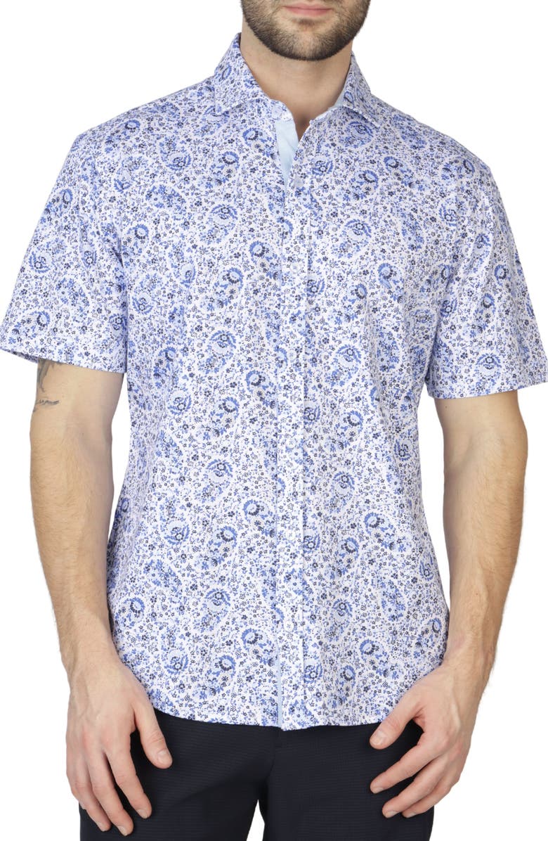 TailorByrd Floral Paisley Short Sleeve Shirt, Main, color, Delft Blue
