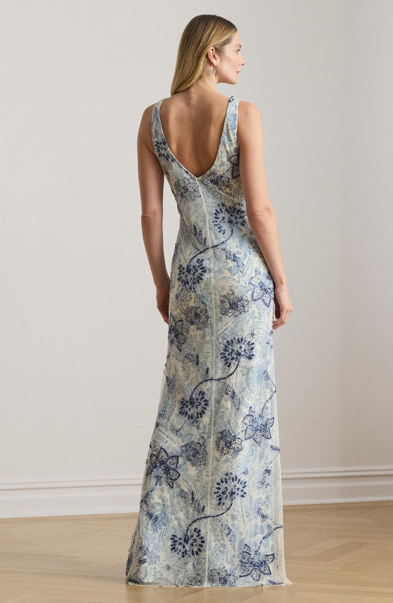 Lauren Ralph Lauren Beaded Floral Mesh Gown, Alternate, color, Blue/ Multi