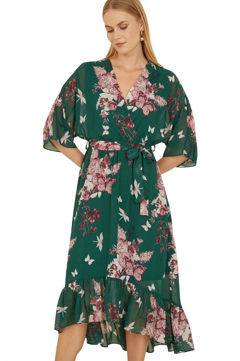 Floral Dipped Hem Dress, Alternate, color, Green