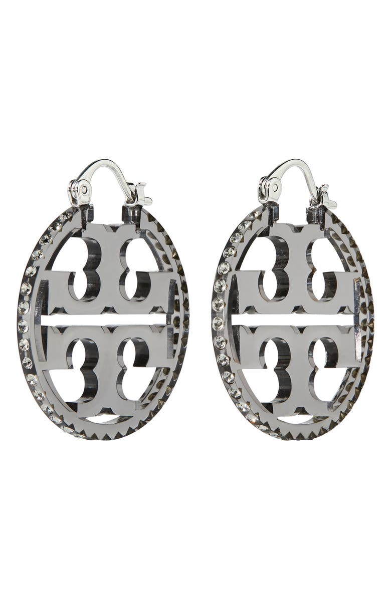 Tory Burch Miller Crystal Resin Small Hoop Earrings, Main, color,