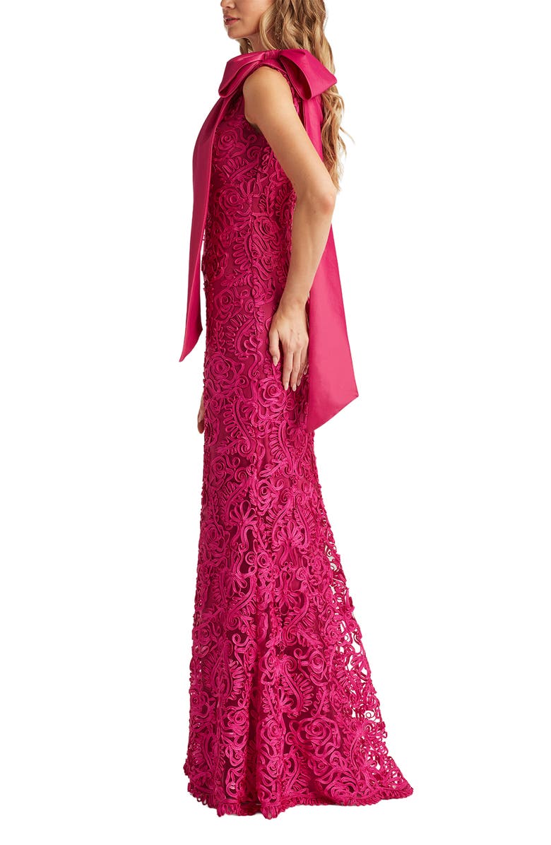Tadashi Shoji Bow Detail Soutache Lace One-Shoulder Gown, Alternate, color, Hibiscus