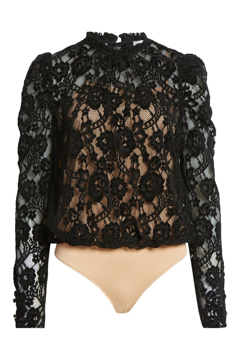 Emma Puff Sleeve Lace Bodysuit, Alternate, color, BLACK CHENILLE LACE