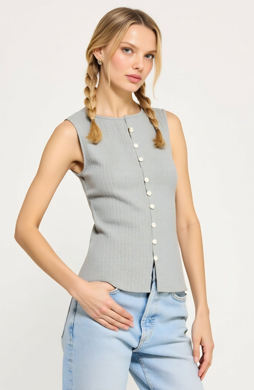 Modenaire Sleeveless Ribbed Knit Top With Off-center Button Front Detail