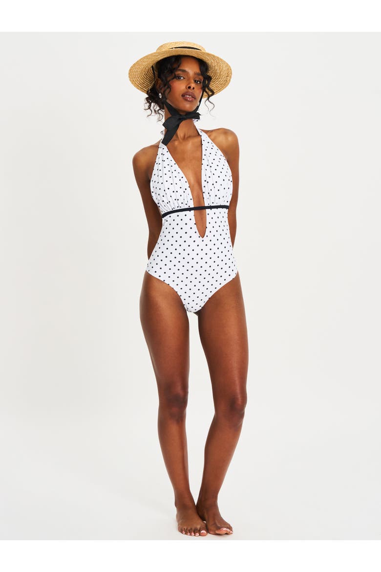 Olive Polka Dot Ruched Breast Halter Backless Swimsuit, Alternate, color, White