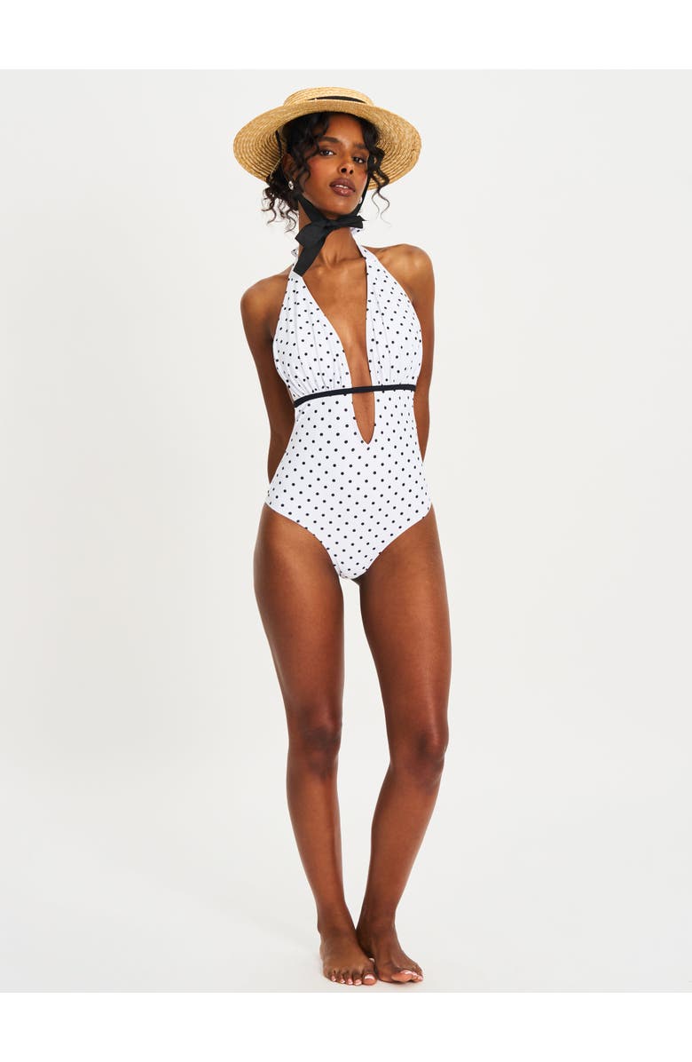 Miss Circle Olive Polka Dot Ruched Breast Halter Backless Swimsuit, Alternate, color, White