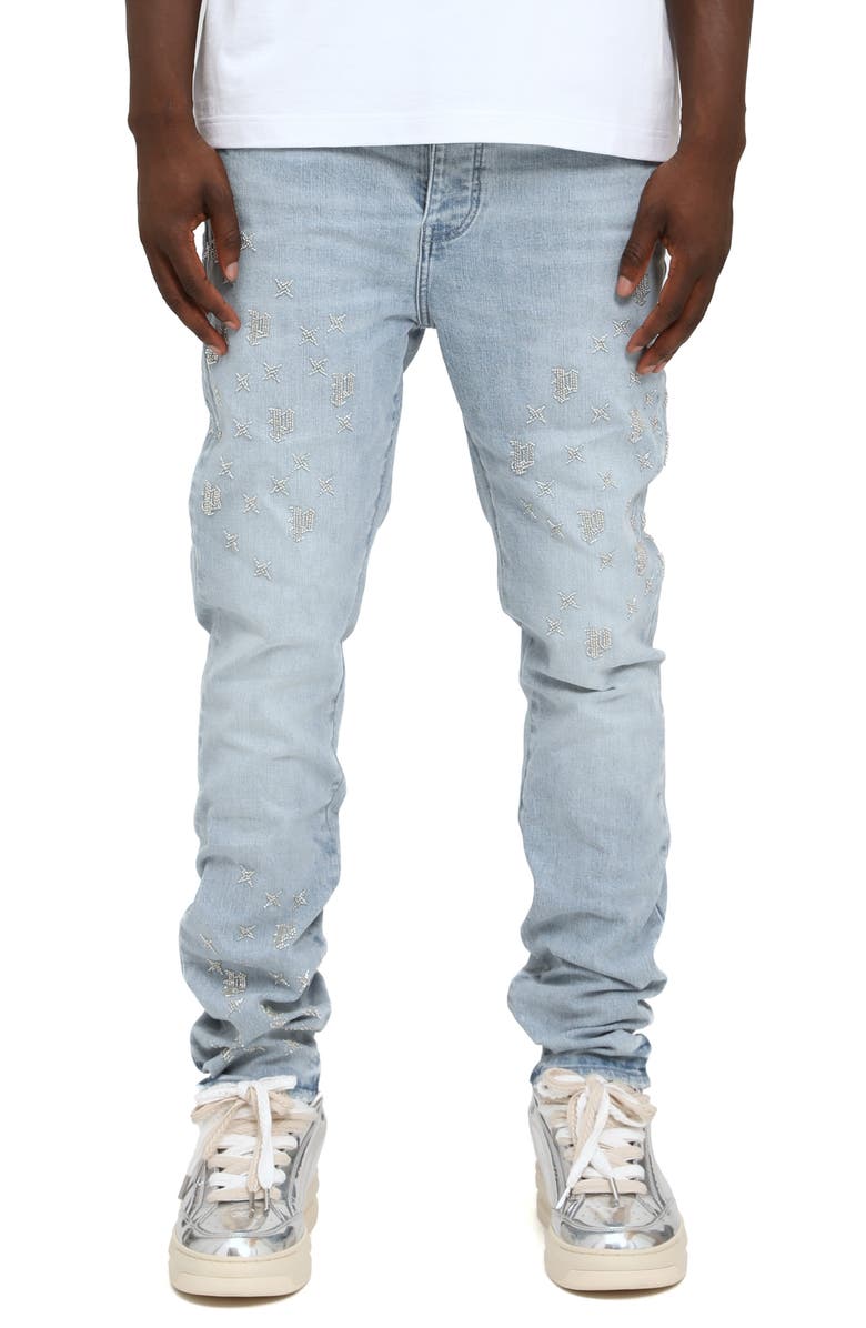 PURPLE BRAND Beaded Monogram Slim Straight Leg Jeans, Main, color, Light Indigo