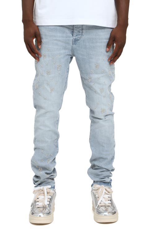 Beaded Monogram Slim Straight Leg Jeans