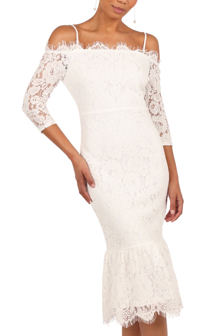 Lindy Lace Cold Shoulder Cocktail Midi Dress, Alternate, color, WHITE